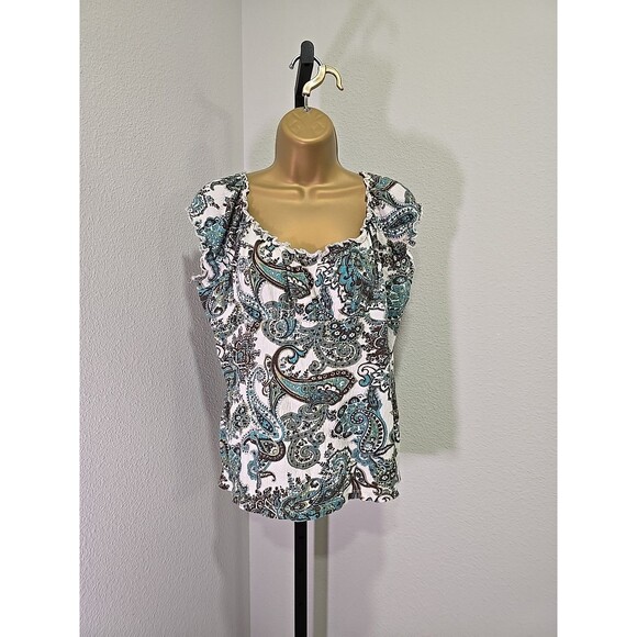 Babydoll Top Womens Lge Green Brown Paisley Y2K Boho Fairy Peasant Off Shoulder - Picture 7 of 7